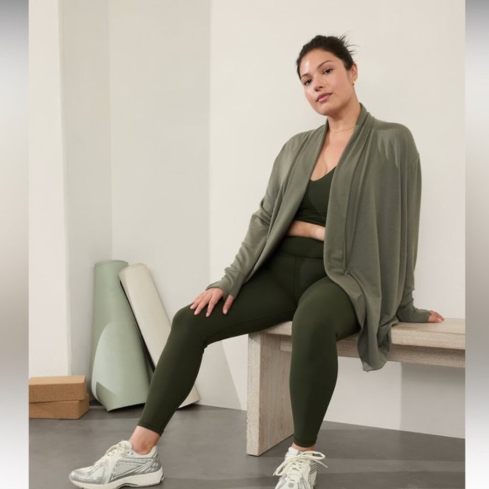 Athleta Pranayama Restore Wrap Cardigan Plus Size 2X Olive Green Pockets NEW